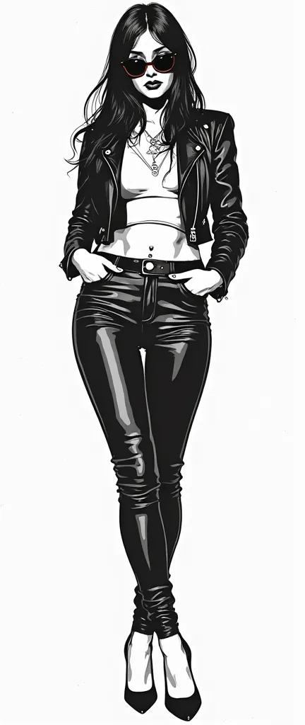 (vector illustration, vector style, Frank Miller style, simple details:1.4)), (black and white),(black inking, flat colours:1.5), (full lenght, from front;1.4), psychobilly gorgeous femm-fatale, long black straight hair, (short biker jacket, leather jeans,...