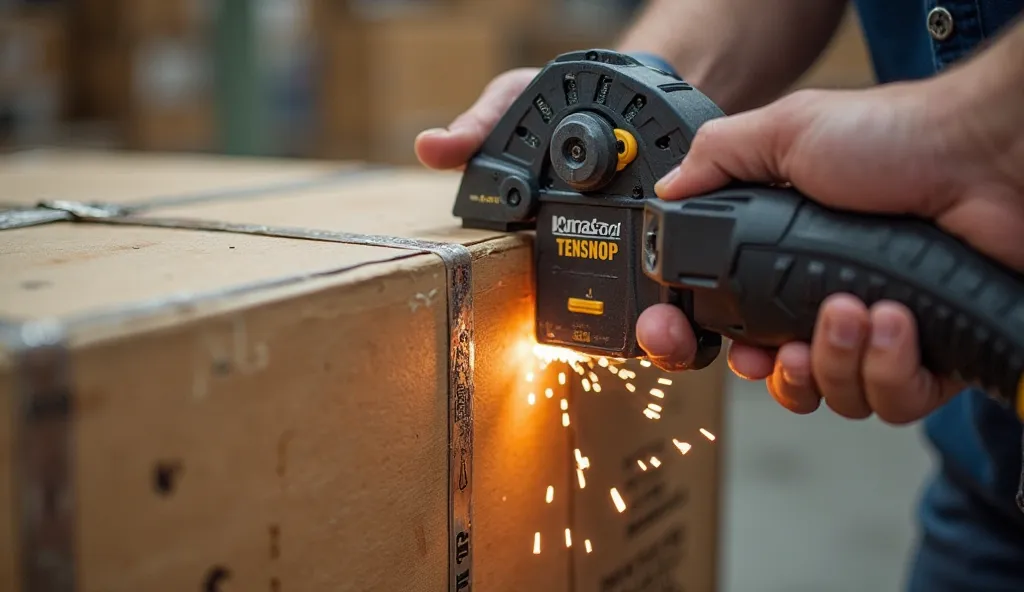 A close-up shot of an electric strapping tensioner securing a heavy package. The tensioner is pulling a high-strength polyester strap around a large crate. The image captures the tool’s efficiency and precision, with sparks flying slightly as the strap is ...