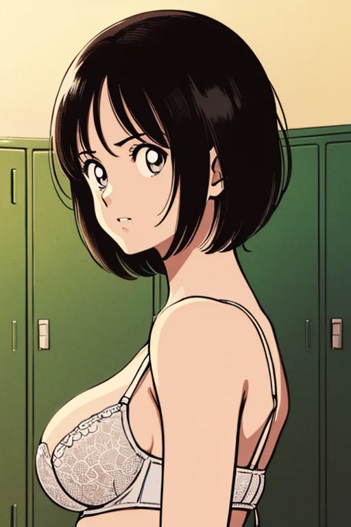 ((from side, White Panties, white bra, medium breast, cowboy shot, locker room、slender body、 short hair))、(( manga ))、(masterpiece、top quality)、best quality, masterpiece, 超A high resolution, (realistic:1.4), ((masterpiece:1.4, best quality)), ((masterpiece...