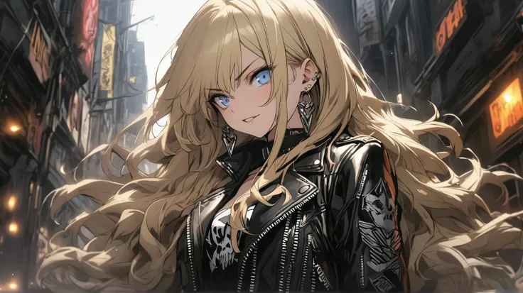 Gal, earrings, long wavy blond hair, blue eyes, leather jacket, heavy metal