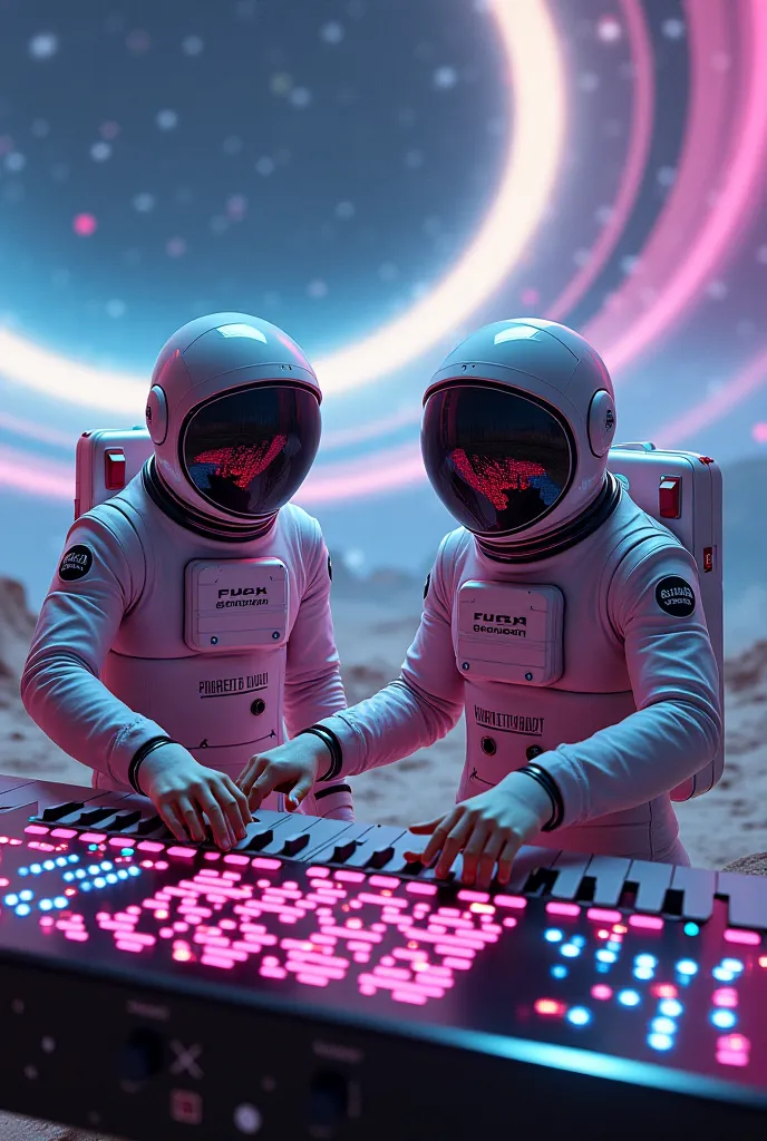 Two men in cosmonaut suits on a planetary ring playing a synthesizer with FUNKY FEVER written on the ring 