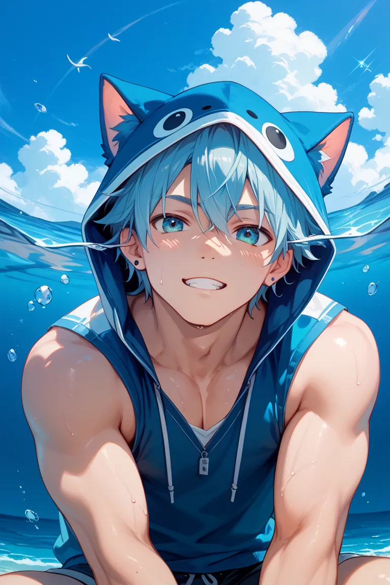 Man wearing a blue cat hood、 in the sea、school of fish、Cool pop style、