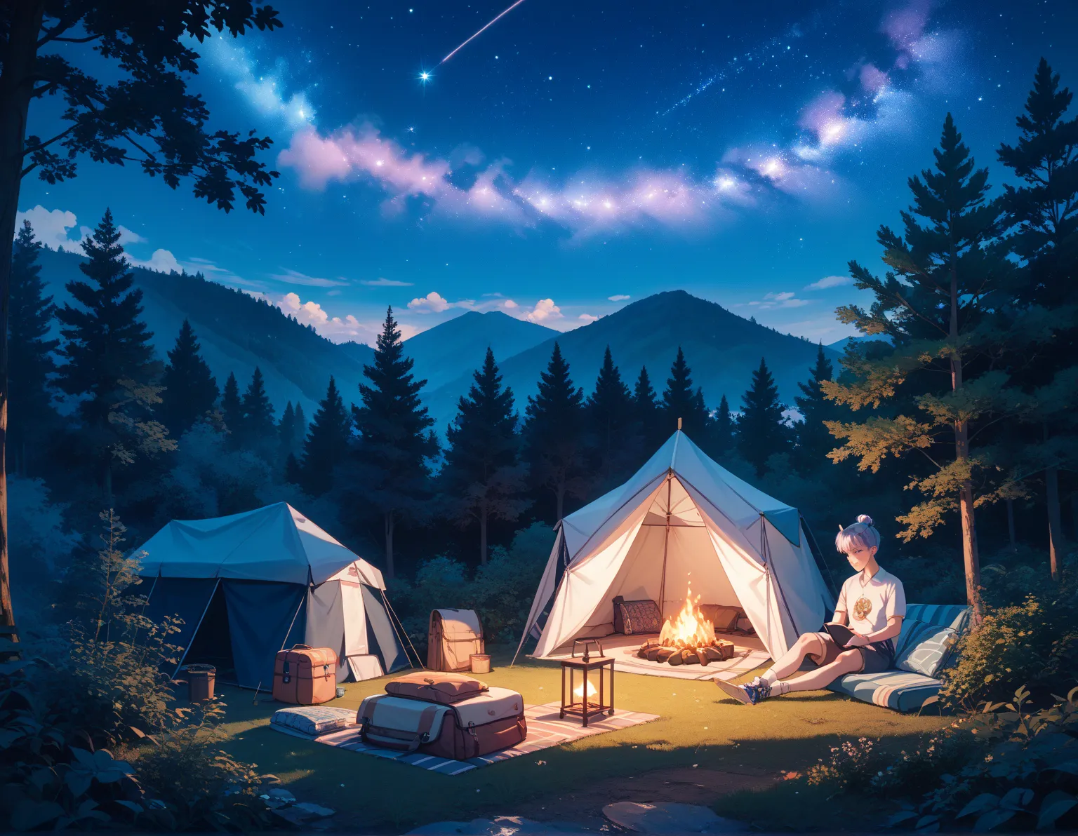  camping、Bonfire、 in the woods、night、Riverside、starry sky、 nature、Ultra HD