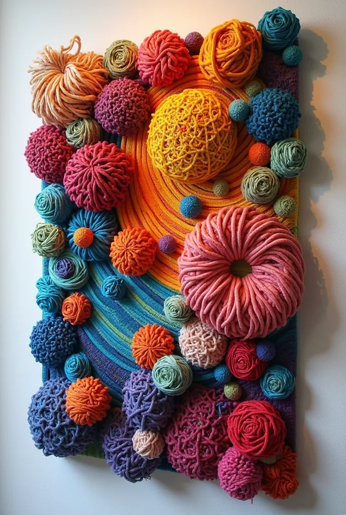 will be made with yarns in the form of a relief to be hung on the wall, which will be complemented by color transitions.. 
The balls in the work. will be according to perspective