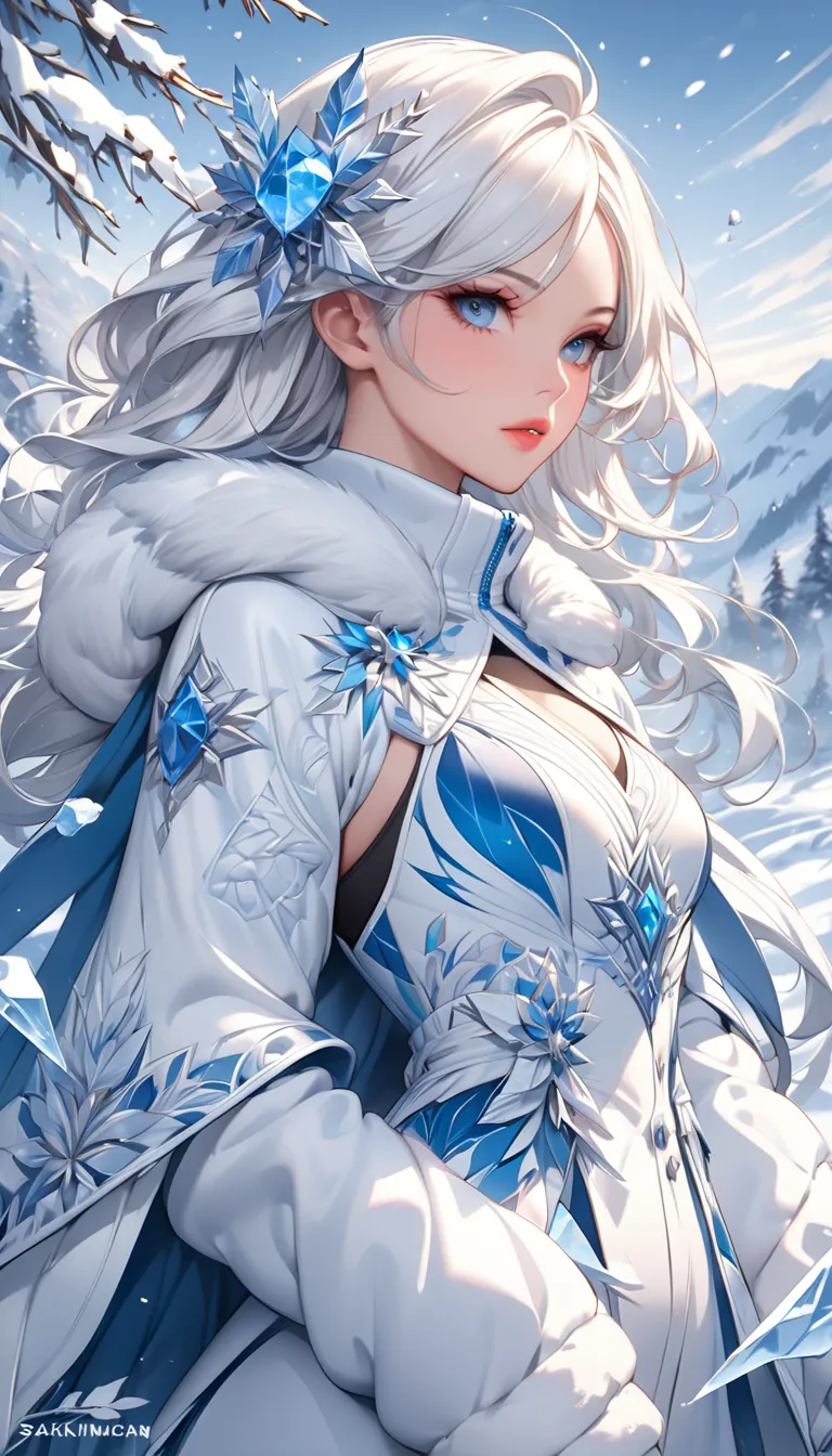 
Illustrate a girl with the power of ice, featuring ice-white hair and clothing, set in a snowy landscape. Emphasize (((intricate details))), (((highest quality))), (((extreme detail quality))), and a (((captivating winter composition))). Use a palette of ...