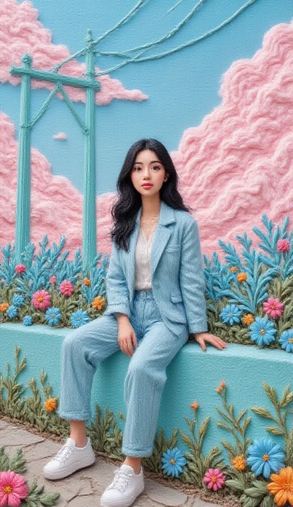 Anime-style young bright skin most beautiful woman, likely Asian, sits on a light teal-blue wall.  She is positioned slightly to the left of center in the image, in a three-quarter view, facing the viewer. Her dark black long hair is styled in loose waves,...