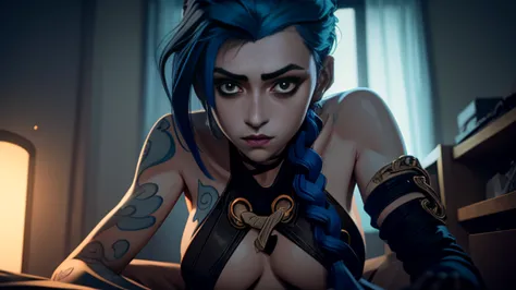 Jinx character design, naked,  dynamic movements , lying naked on her back, Bare breasts, covers her chest with her hands , want  , ass, Kitty, sexism, beautiful figure, Curse of the Arcana,  Bright blue and purple sparks around , glowing eyes, Pink glowin...