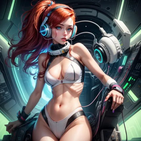 gorgeous neon redhead girl with headset hear music on spaceship 