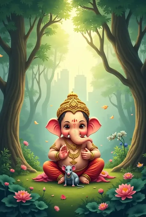 A majestic depiction of Lord Ganesh sitting peacefully under a large, ancient tree in a lush forest. He is adorned with traditional golden jewelry and a silk dhoti, his serene expression radiating wisdom and compassion. Soft rays of sunlight filter through...