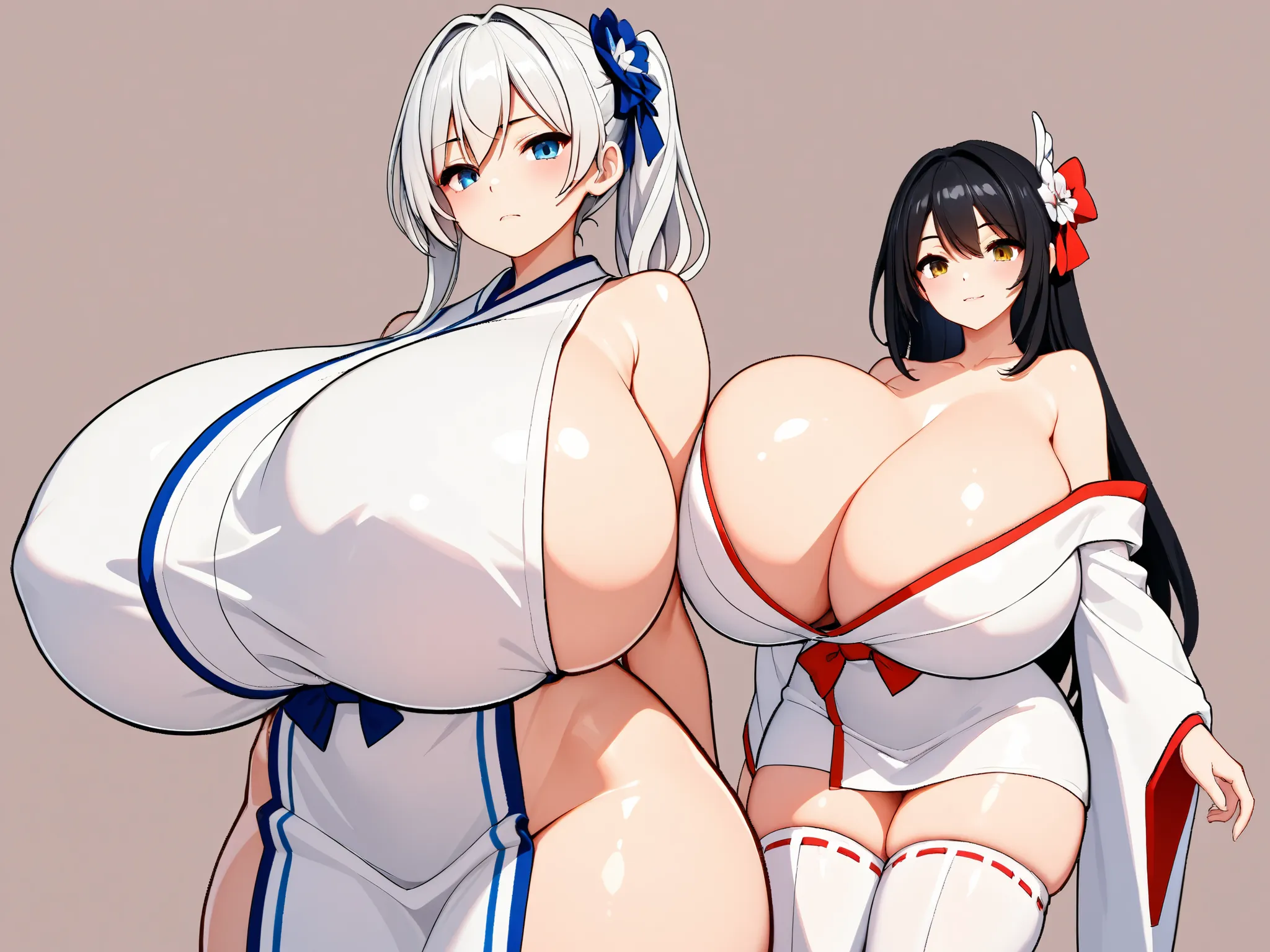 masterpiece　best quality、high resolutio、、2girls, gigantic breasts,sleeveless kimono、つま先のないレッグウェア、、white thighhighs,,3Dmodel