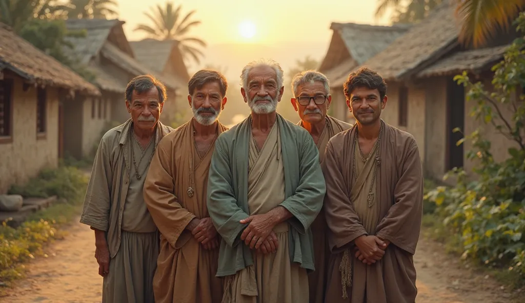 An elderly man with four sons, sitting together in a peaceful village setting.