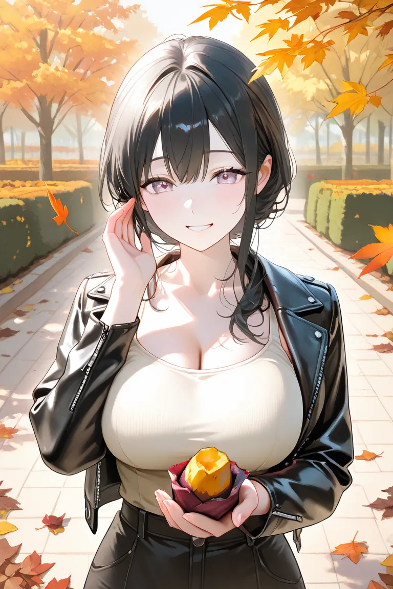 Pale colors ,radiant subtle sheen, Pale healthy complexion ,high texture,Alone,A girl,older sister,   black hair, tank top, big breasts,Offering a comforting smile,black leather jacket to lock,autumn, fallen leaves ,garden,Roasted sweet potato