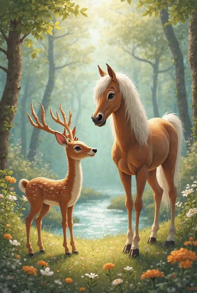 A humanoid roe deer came to a humanoid horse to buy paints