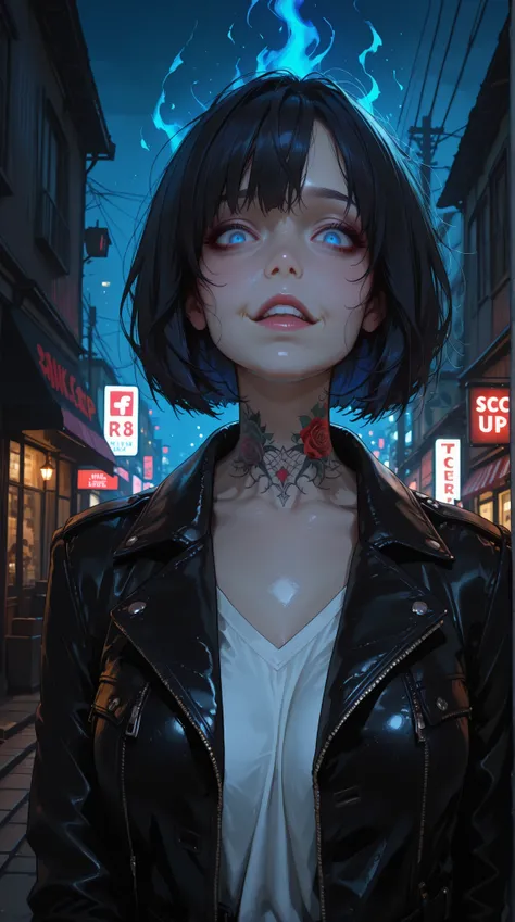 Score_9, score_8_up, score_8, score_7_up, Beautiful 25 year old woman, black hair, Bob cut, blue eyes, sightly muscled, messy hair, tattooed neck, leather jacket, San Francisco in the background, kink, evil aura, night, kink, expressiveh, rating_explicit,
