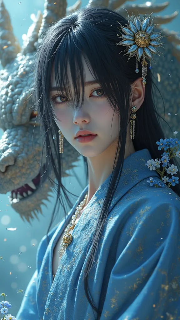 4K Young Man, Black Straight, Long Hair, Pale White Face, Pretty, Airy Hair Ornament, One Eye Hidden by Hair, Blue Kimono Costume Earrings, Necklace, Dragon Background
