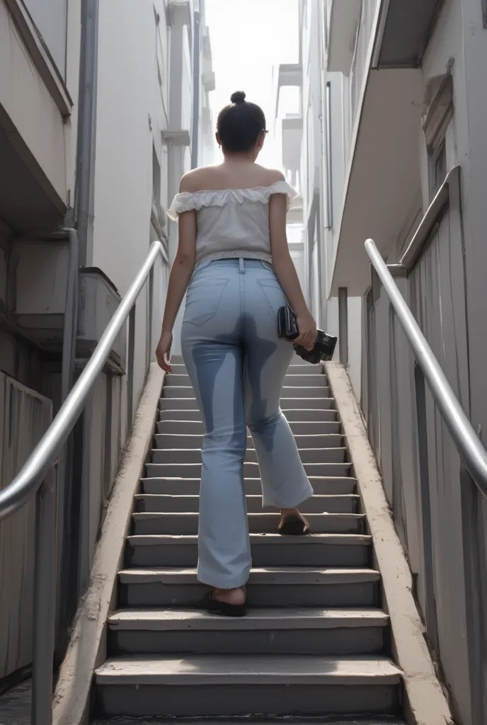 A woman in her twenties climbing the stairs１people、Glasses、p-line、Line of panties、(realistic、Like a photograph、Live Action、8k, realistic, RAW Photos, Best image quality: 1.4), Single-lens reflex camera、RAW Photos, Highest quality, realistic, Highly Detaile...