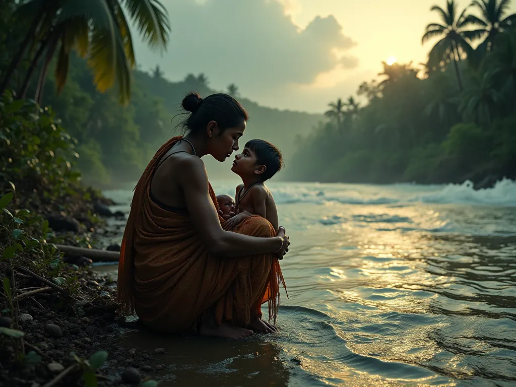 "A weary mother, her sari soaked and clinging to her frail body, kneels beside her eldest son, holding him close against the sound of the rushing river. The boy, wide-eyed and trembling, clings to her, sensing the weight of her words.

The winds howl throu...