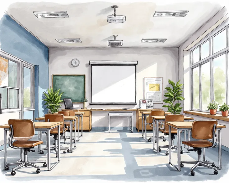 A nice modern classroom setting, indoor, empty classroom, modern facility
Water color illustration,