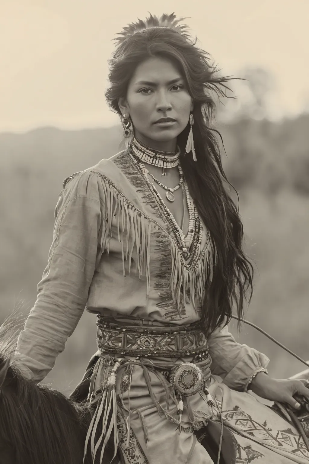 a Native American woman riding horseback, The woman, who exhibits striking androgynous features with dark hair and sharp eyes, looks directly at you with a serious expression, Her hair is long, dark brown, and styled in loose waves that fall around her sho...