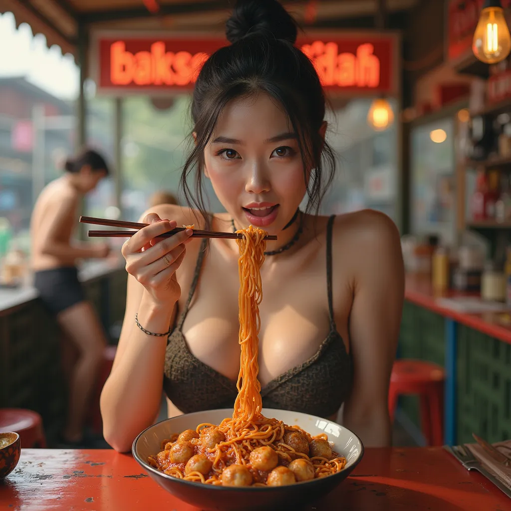 seen from the front,
beautiful Korea woman,hair in a bun,vevy wet sweaty face,face down,facial expression spiciness,big body,extreme big breasts like big balloons,wearing a dark cream singlet knit and knit cloth short pants,sitting hand holding chopsticks ...