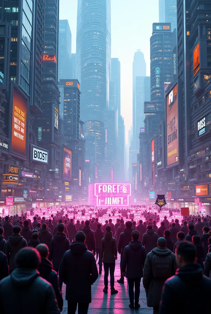 A peaceful protest in a futuristic city, with people holding digital signs and advanced technology around.