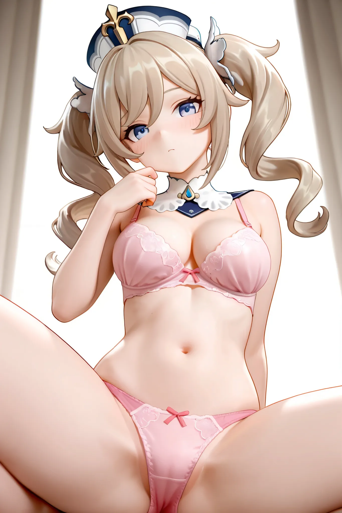 NSFW,masterpiece,top quality,high resolution,very detailed,Barbara( Genshin),twin tails、 Gold、blue eyes、long hair、drill hair、twin drill,fine pink bra,High quality pink panties