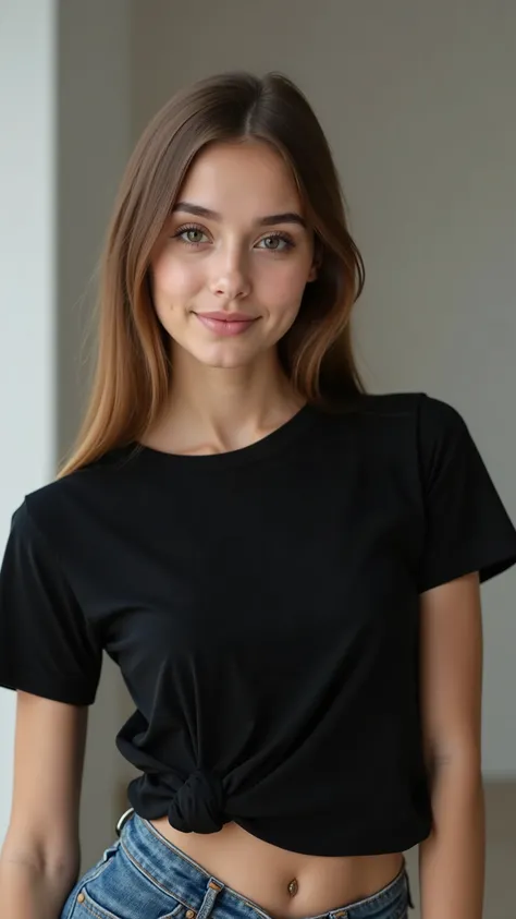 A young, dandy, and stylish-style model in her s wears a black plain t-shirt and creates a photo with the concept of shooting in an indoor studio