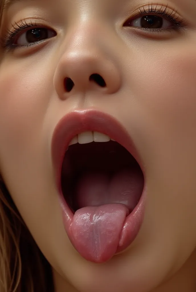 She's opening her mouth 、can see the inside, her nasal cavity is open and you can see the inside, cheeks stretched out, Attention to detail for realistic lashes after drooling , (Open the teary : 1.2), Realistic nostrils, ,  completely naked, (oily skin, s...