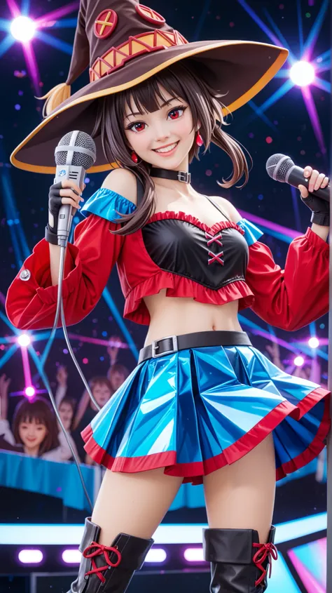 A highly detailed digital illustration of Megumin from KonoSuba, transformed into a K-Pop idol. She keeps her short, messy dark brown hair with bangs, red eyes, and pale skin, but now has a confident, charming smile as she strikes a dynamic, idol-like pose...