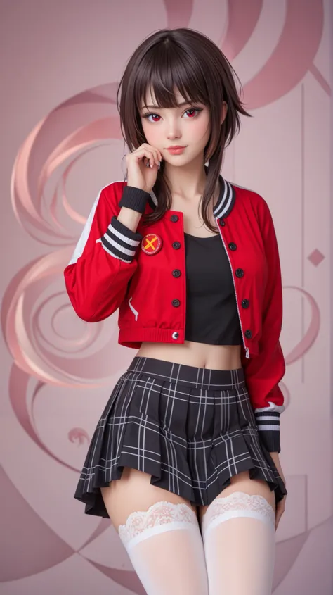 A hyper-realistic portrayal of Megumin from Konosuba, seamlessly blending anime aesthetics with real-world textures. She wears a stylish punk-inspired outfit: a red and black plaid pleated mini skirt, a black crop top with subtle red accents, an oversized ...