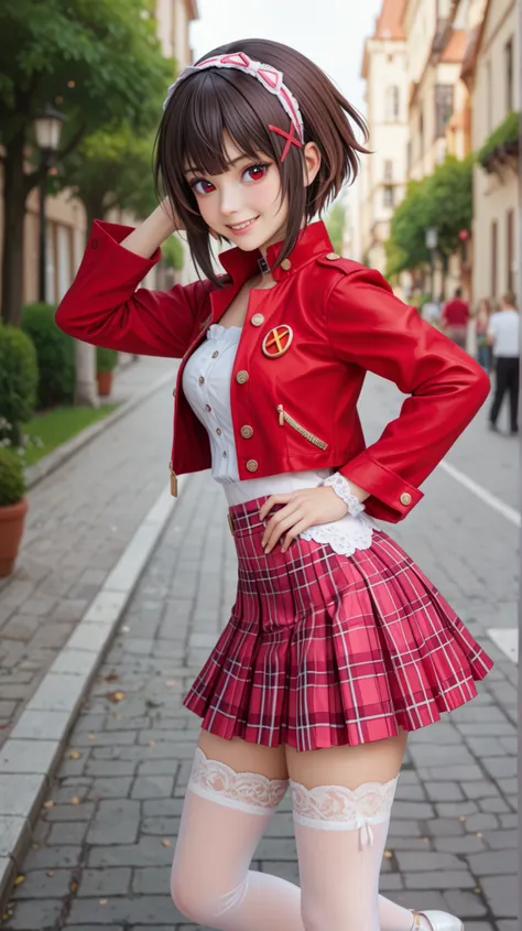 A hyper-realistic portrait of Megumin from Konosuba, maintaining absolute fidelity to her anime facial structure while enhancing detail for realism. She has large, deep crimson eyes with complex light reflections, a mischievous yet confident expression, an...