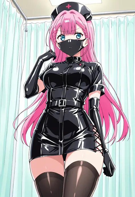 Score_9, score_8_up, score_7_up, source_anime, kirisumafuyu, solo, mature female, long hair, pink hair, bangs, braid, blue eyes, medium breasts, enamel leather dark nurse, latex dress, black latex gloves, black latex legwear, latex, latex skirt, (best qual...