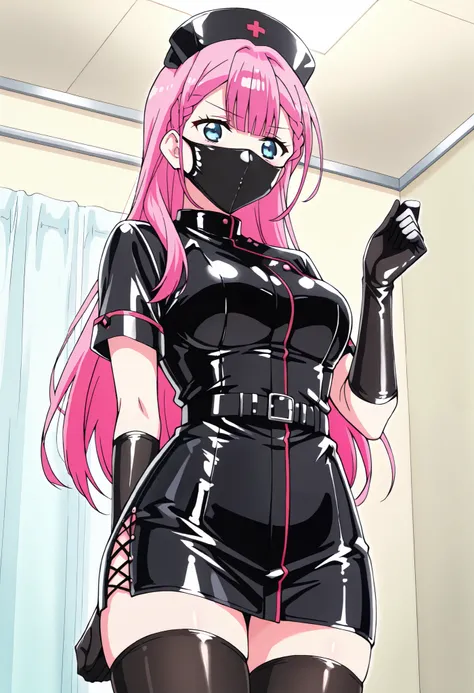 Score_9, score_8_up, score_7_up, source_anime, kirisumafuyu, solo, mature female, long hair, pink hair, bangs, braid, blue eyes, medium breasts, enamel leather dark nurse, latex dress, black latex gloves, black latex legwear, latex, latex skirt, (best qual...