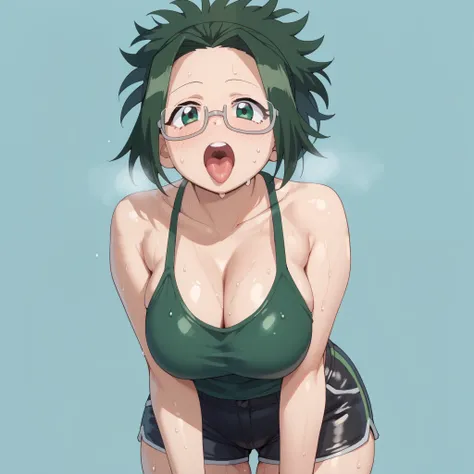 1girl, solo, himiko agari, green eyes, ponytail, green hair, glasses, big breasts, wide hips, thick thighs, green tank top, cleavage, black biker shorts, sweaty, blushed, open mouth, tongue out, leaning forward, sagging breasts, standing, looking at viewer...