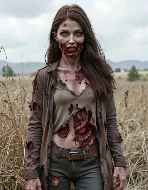 Zombie girl wearing torn leather, rotting flesh, open wounds, undead, torn off jaw, severed jaw, severed nose, blood and gore, bloody wounds, torn flesh, walking in a rye field