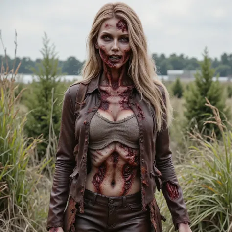 Zombie girl wearing torn leather, rotting flesh, open wounds, undead, open mouth with rotting teeth and blood, severed nose, blood and gore, bloody wounds, torn flesh, one arm torn off at the elbow with the other arm reaching out to the camera, oozing woun...