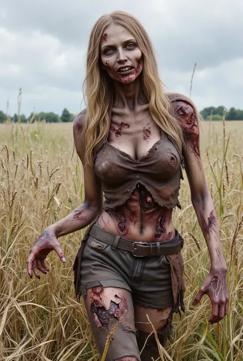 Zombie girl wearing torn leather, rotting flesh, open wounds, undead, open mouth with rotting teeth, severed nose, blood and gore, bloody wounds, torn flesh, reaching out to the viewer, walking in a rye field