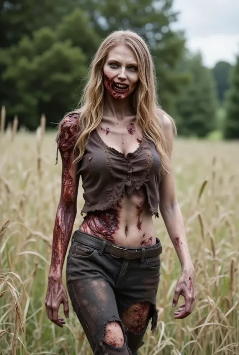 Zombie girl wearing torn leather, rotting flesh, open wounds, undead, open mouth with rotting teeth and blood, severed nose, blood and gore, bloody wounds, torn flesh, one arm torn off at the elbow with the other arm reaching out to the camera, oozing woun...