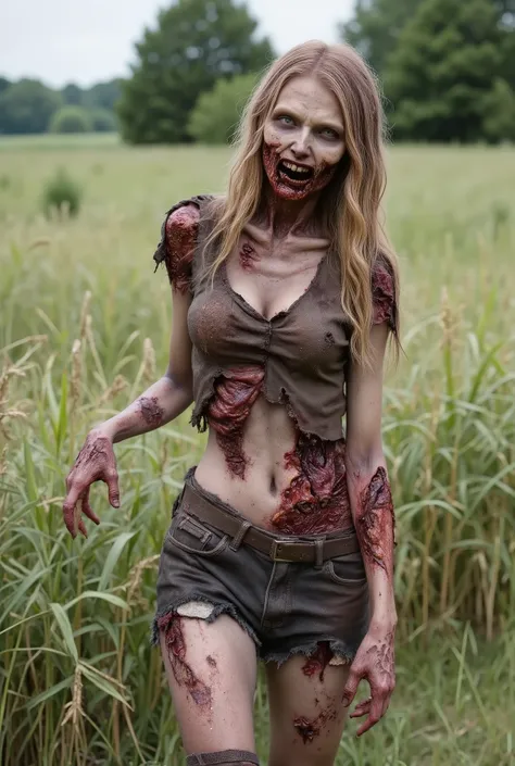 Zombie girl wearing torn leather, rotting flesh, open wounds, undead, open mouth with rotting teeth and blood, severed nose, blood and gore, bloody wounds, torn flesh, one arm torn off at the elbow with the other arm reaching out to the camera, oozing woun...