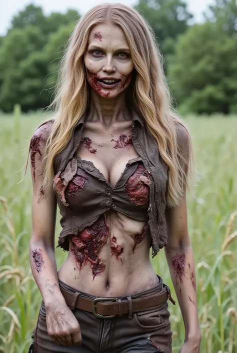 Zombie girl wearing torn leather, rotting flesh, open wounds, undead, open mouth with rotting teeth and blood, severed nose, blood and gore, bloody wounds, torn flesh, one arm reaching out to the viewer, walking in a rye field