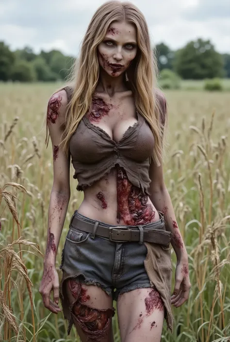 Zombie girl wearing torn leather, rotting flesh, open wounds, undead, open mouth with rotting teeth, severed nose, blood and gore, bloody wounds, torn flesh, reaching out to the viewer, walking in a rye field