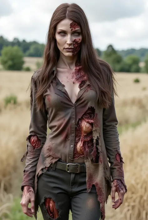 Zombie girl wearing torn leather, rotting flesh, open wounds, undead, torn off jaw, severed jaw, severed nose, blood and gore, bloody wounds, torn flesh, walking in a rye field