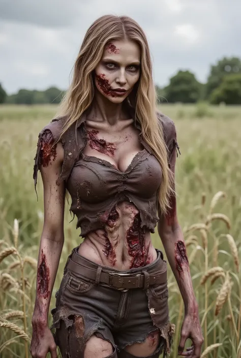 Zombie girl wearing torn leather, rotting flesh, open wounds, undead, missing jaw, blood and gore, bloody wounds, torn flesh, walking in a rye field