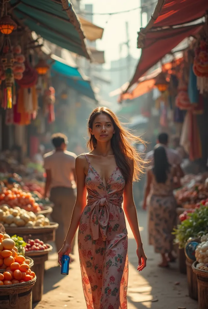 Beautiful woman walking around holding a small blue square power bank
In the live market, Thailand