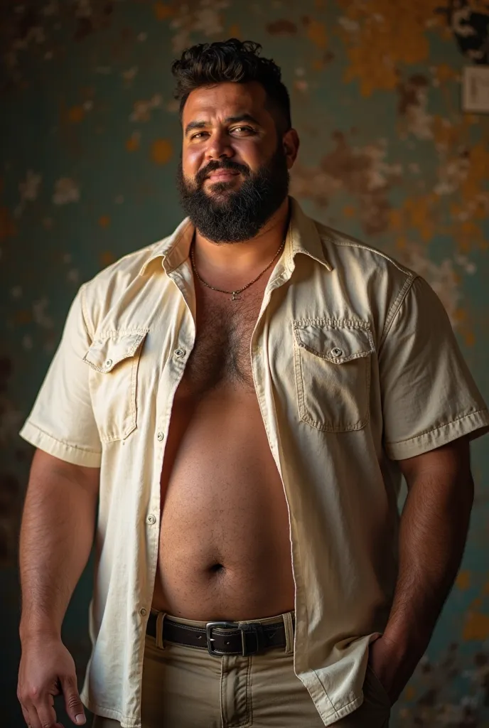 "lance, a robust and stocky Cuban man, weighing more than 250 kg. His body is imposing, with large muscular arms, a wide and strong chest, powerful legs and a soft, round belly. With Caribbean skin, intense green eyes and a beautiful body. Male Hair, flirt...