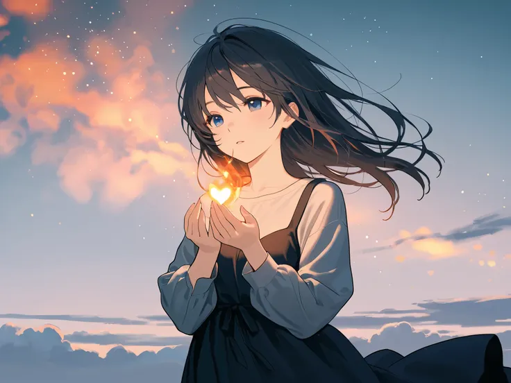 This is a digital illustration full of fantasy style,depicts a mysterious and gentle girl。wearing a loose long-sleeved shirt and dark dress,Long hair fluttering with the wind, create a dreamy atmosphere 。Her hands are gently clasped,, blooming in the palm ...