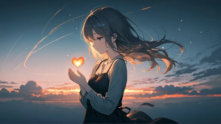 This is a digital illustration full of fantasy style,depicts a mysterious and gentle girl。wearing a loose long-sleeved shirt and dark dress,Long hair fluttering with the wind, create a dreamy atmosphere 。Her hands are gently clasped,, blooming in the palm ...