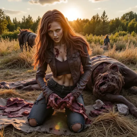 Zombie woman on her knees eating a dead horse, wearing torn leather, tearing off flesh, rotting flesh, open wounds, undead, blood and gore, bloody wounds, torn flesh, in a rye field, sunset
