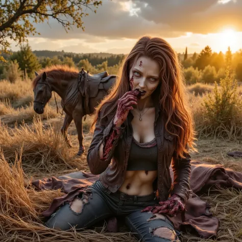 Zombie woman on her knees eating a dead horse, wearing torn leather, tearing off flesh, rotting flesh, open wounds, undead, blood and gore, bloody wounds, torn flesh, in a rye field, sunset