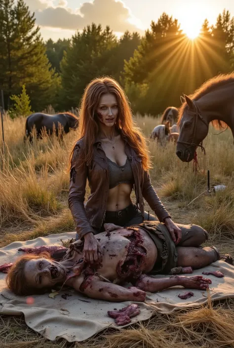 Zombie woman on her knees eating a dead horse, wearing torn leather, tearing off flesh, rotting flesh, open wounds, undead, blood and gore, bloody wounds, torn flesh, in a rye field, sunset